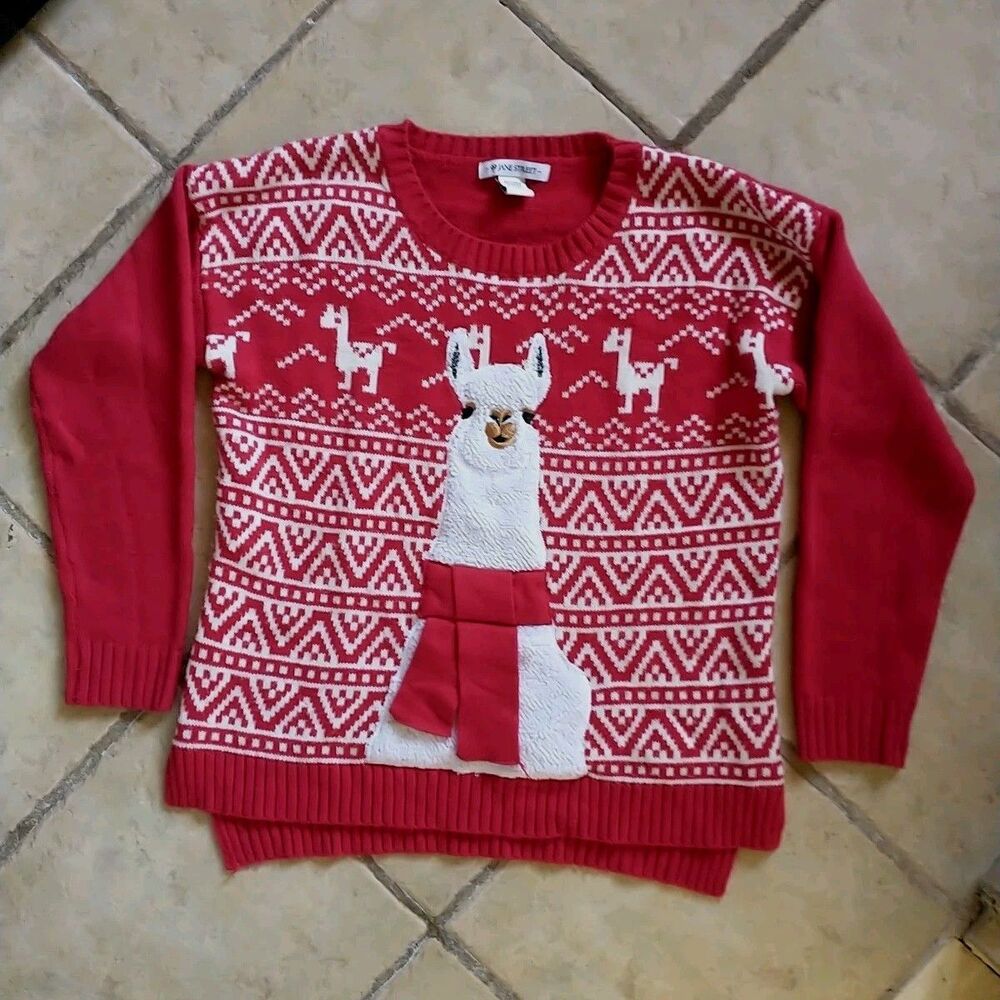 99 Jane Street Lama Christmas Womeens Sweater M Red White Fair Isle Holiday Ugly